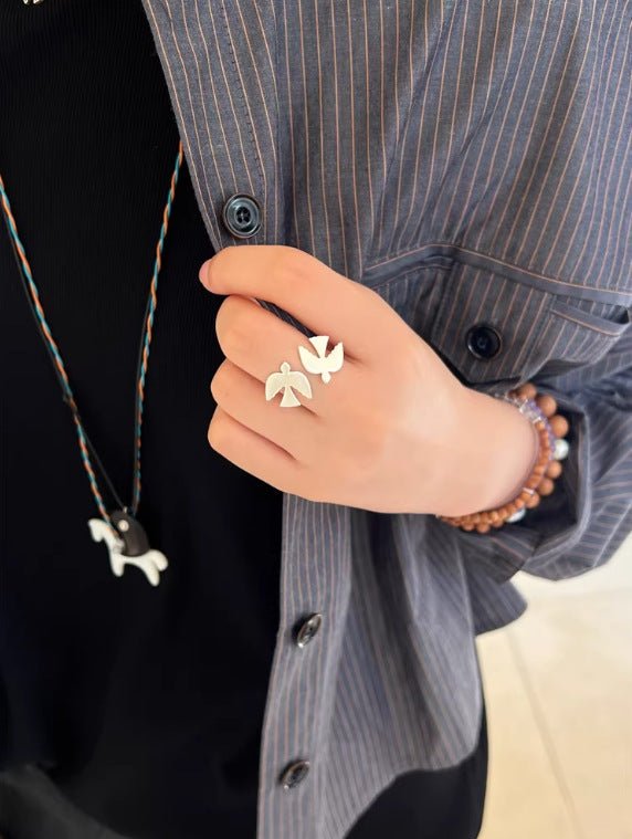 925 Sterling Silver Double Flying Bird Open Ring - floysun