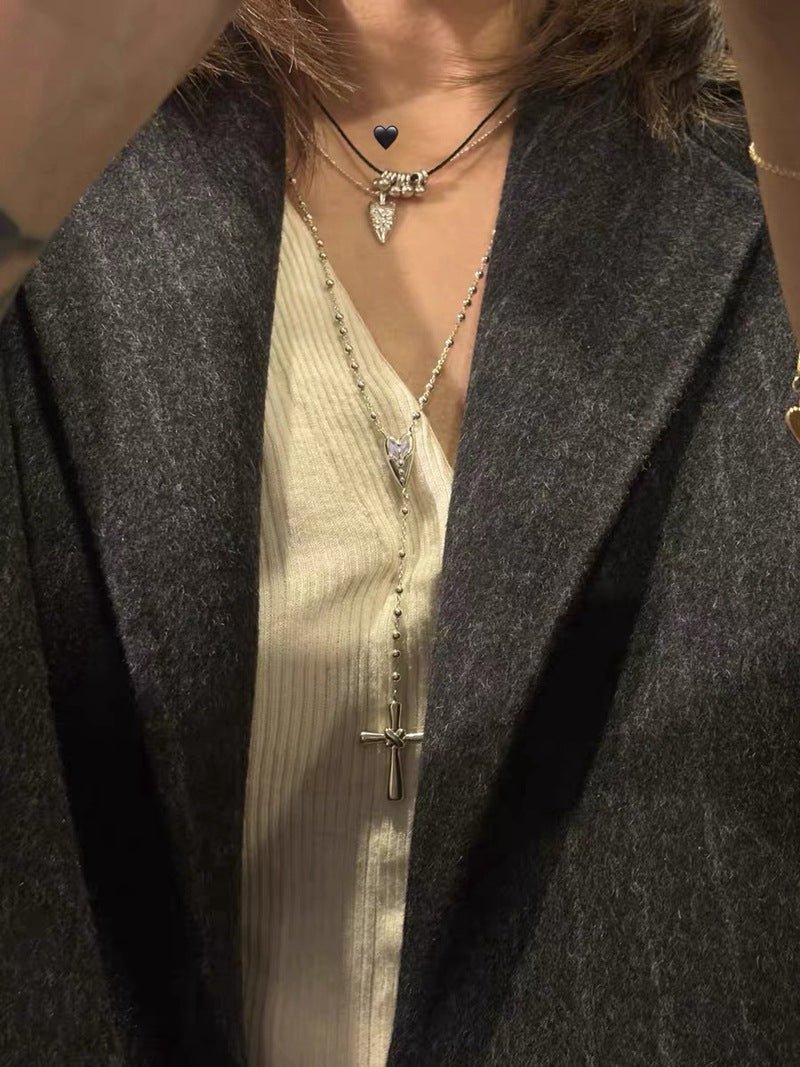 925 Sterling Silver Heart Cross Lariat Necklace - floysun