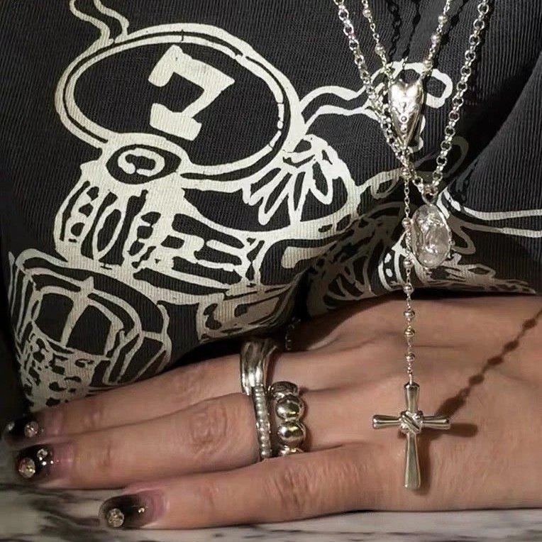 925 Sterling Silver Heart Cross Lariat Necklace - floysun