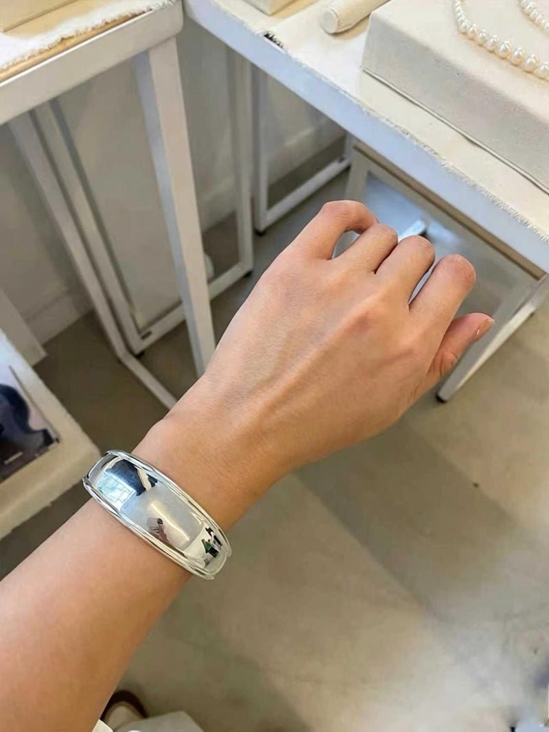 925 Sterling Silver High-Polish Sculptural Wide Cuff Bracelet - floysun