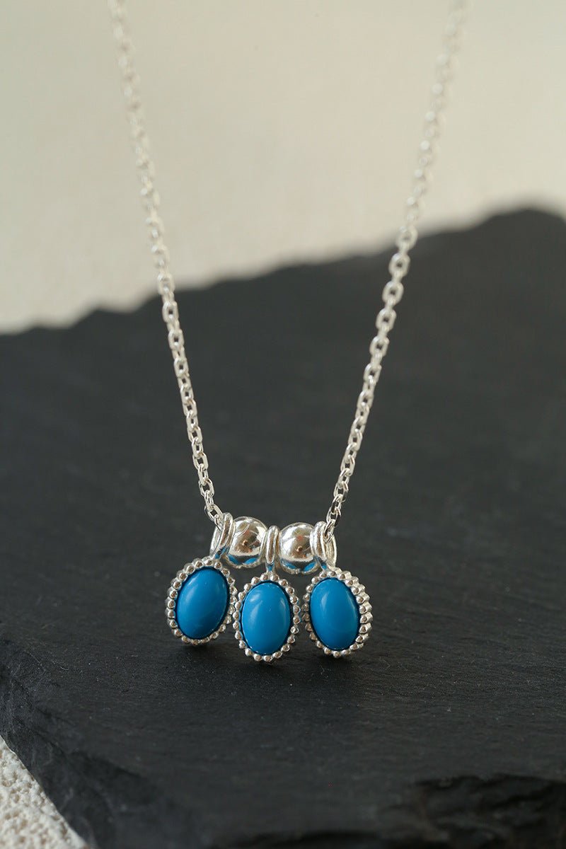 925 Sterling Silver Oval Turquoise Tassel Necklace - floysun