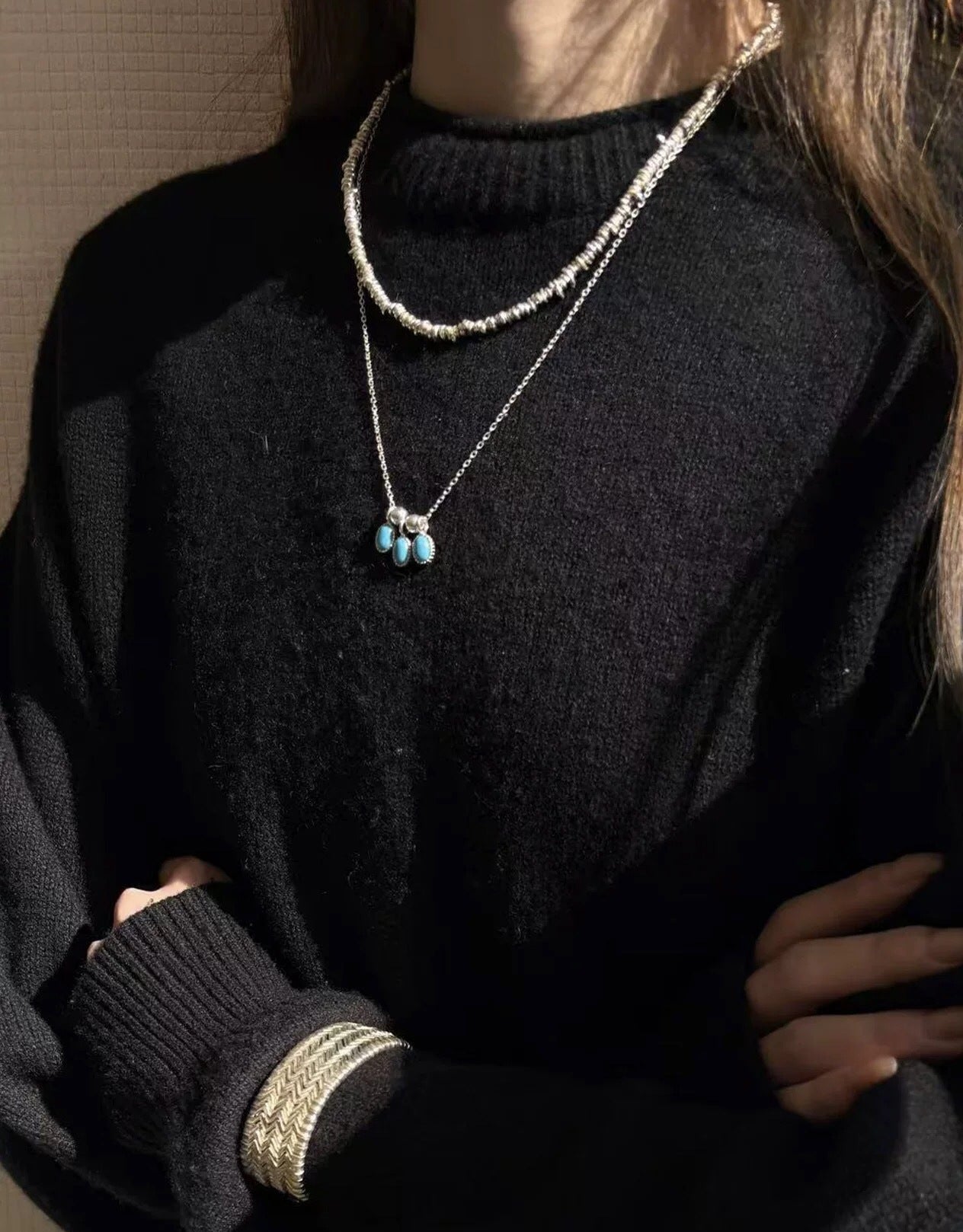 925 Sterling Silver Oval Turquoise Tassel Necklace - floysun