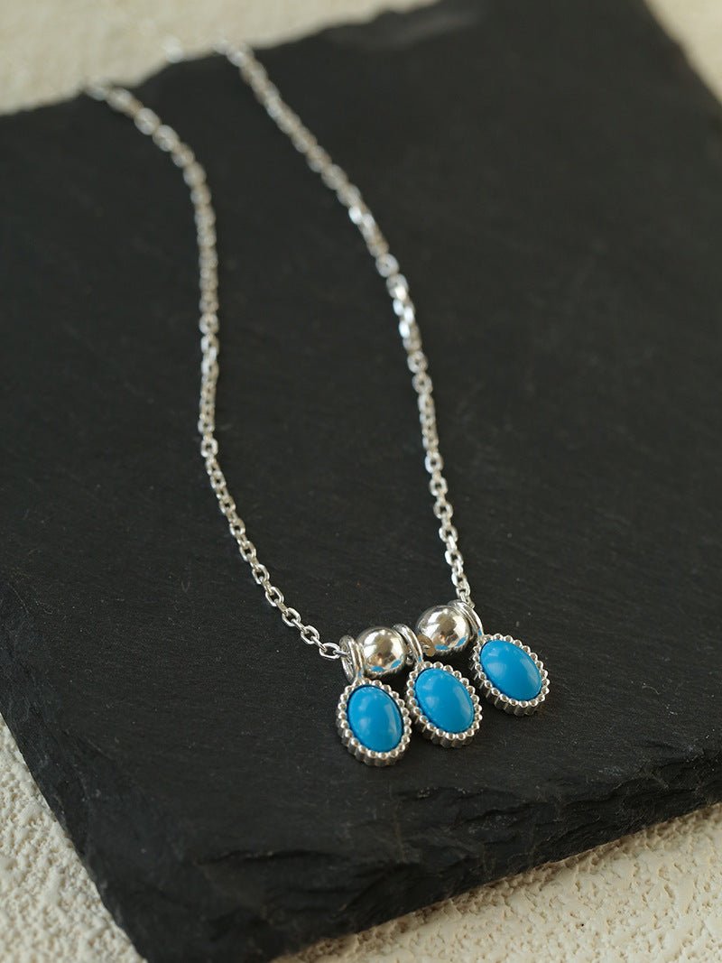 925 Sterling Silver Oval Turquoise Tassel Necklace - floysun