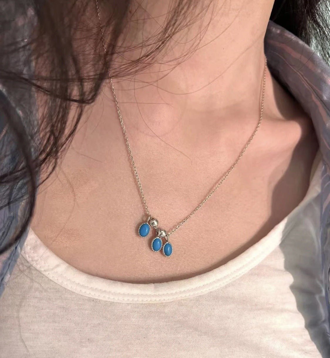 925 Sterling Silver Oval Turquoise Tassel Necklace - floysun