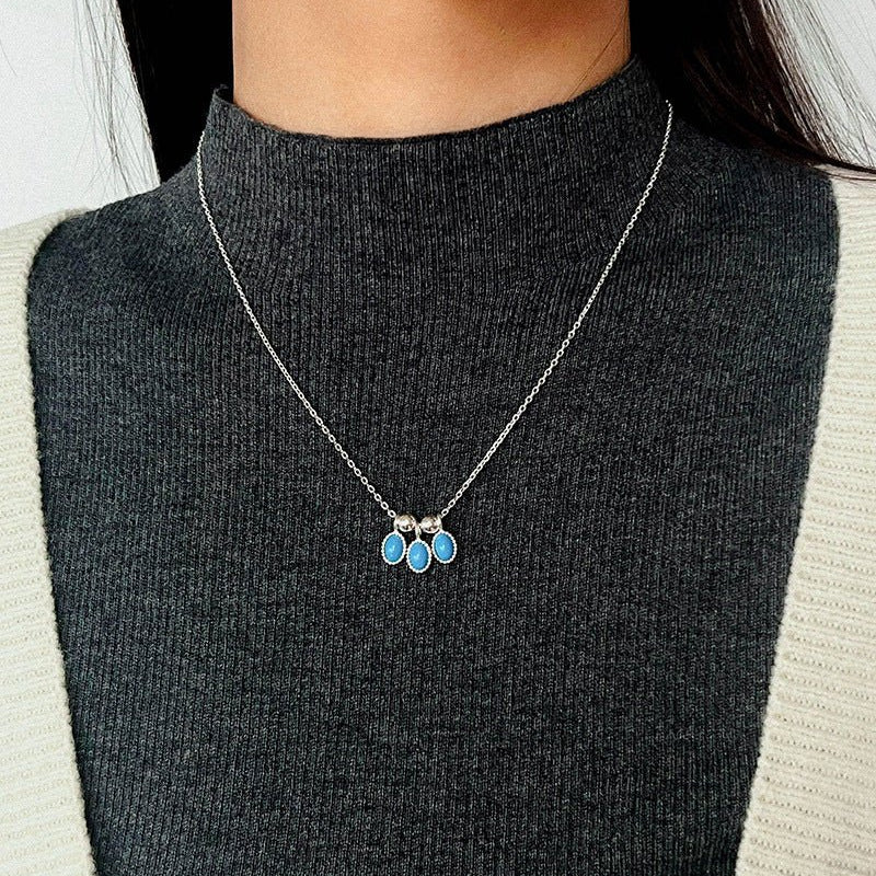 925 Sterling Silver Oval Turquoise Tassel Necklace - floysun