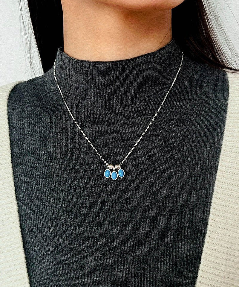 925 Sterling Silver Oval Turquoise Tassel Necklace - floysun