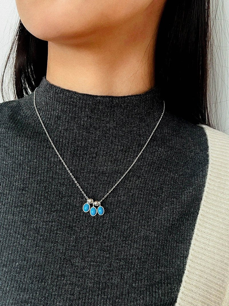 925 Sterling Silver Oval Turquoise Tassel Necklace - floysun