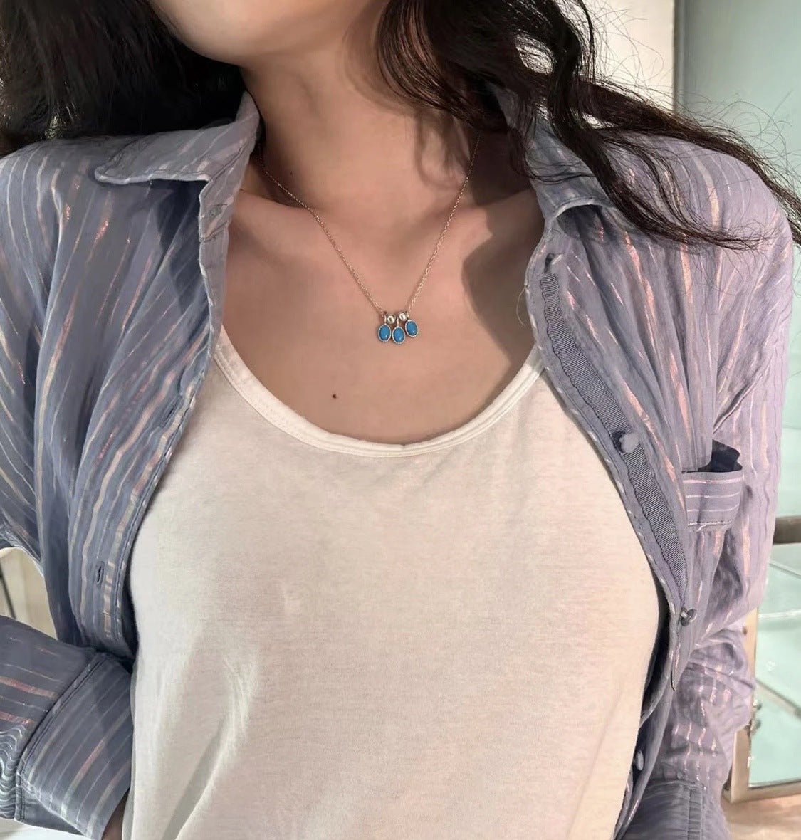 925 Sterling Silver Oval Turquoise Tassel Necklace - floysun