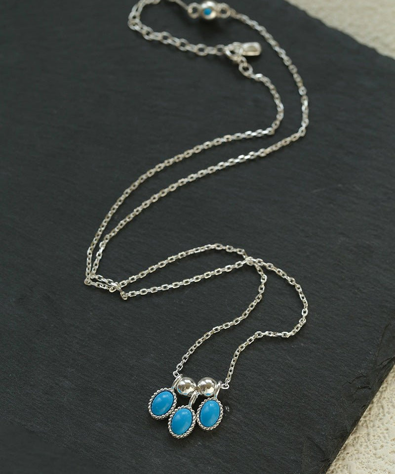 925 Sterling Silver Oval Turquoise Tassel Necklace - floysun