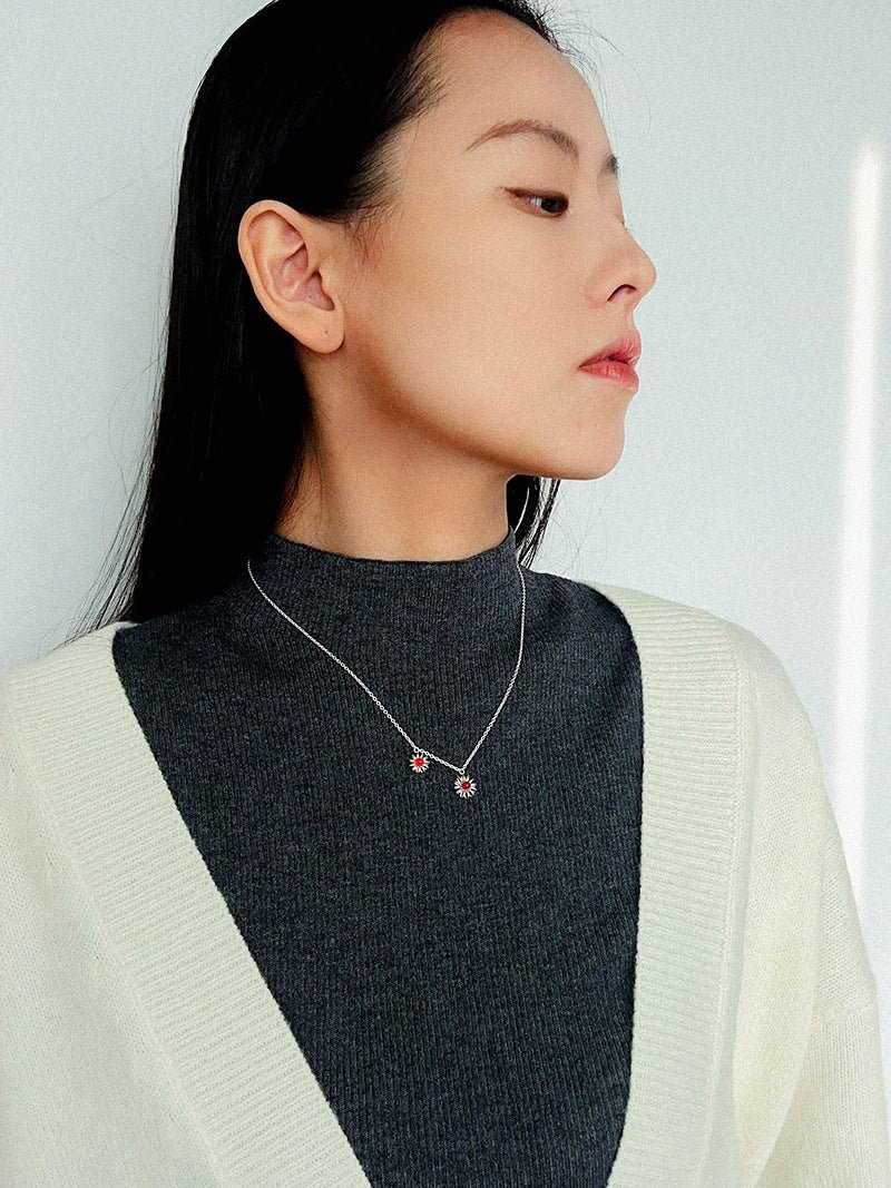 925 Sterling Silver Red Agate Flower Necklace - floysun