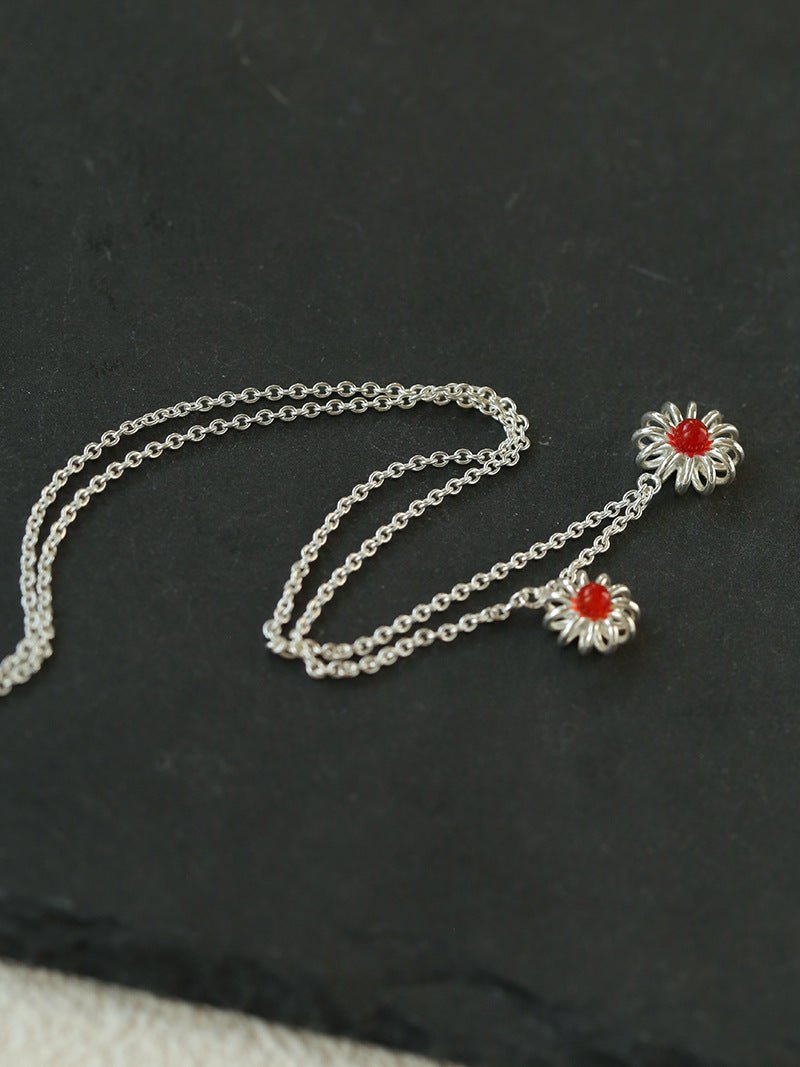 925 Sterling Silver Red Agate Flower Necklace - floysun