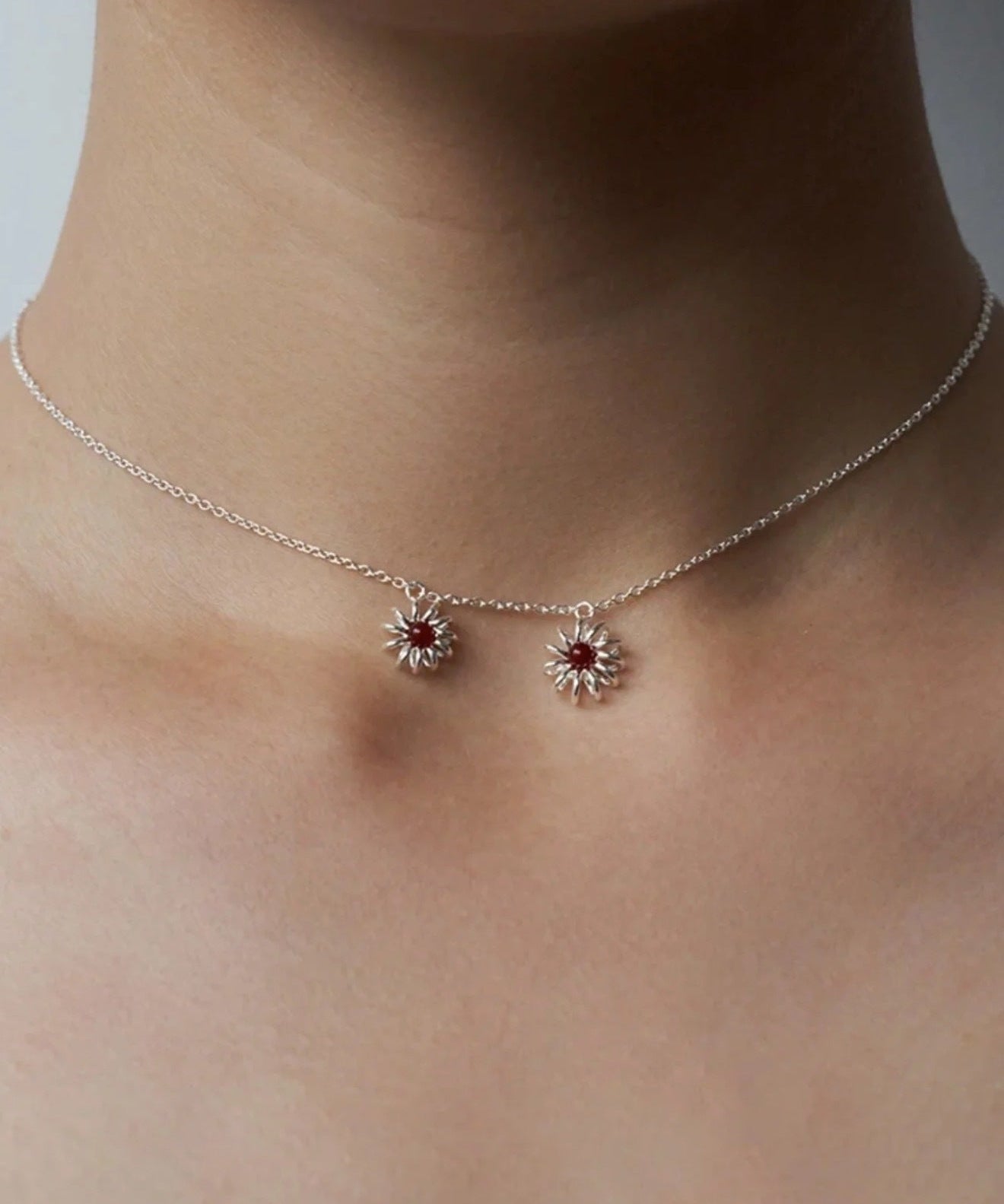 925 Sterling Silver Red Agate Flower Necklace - floysun