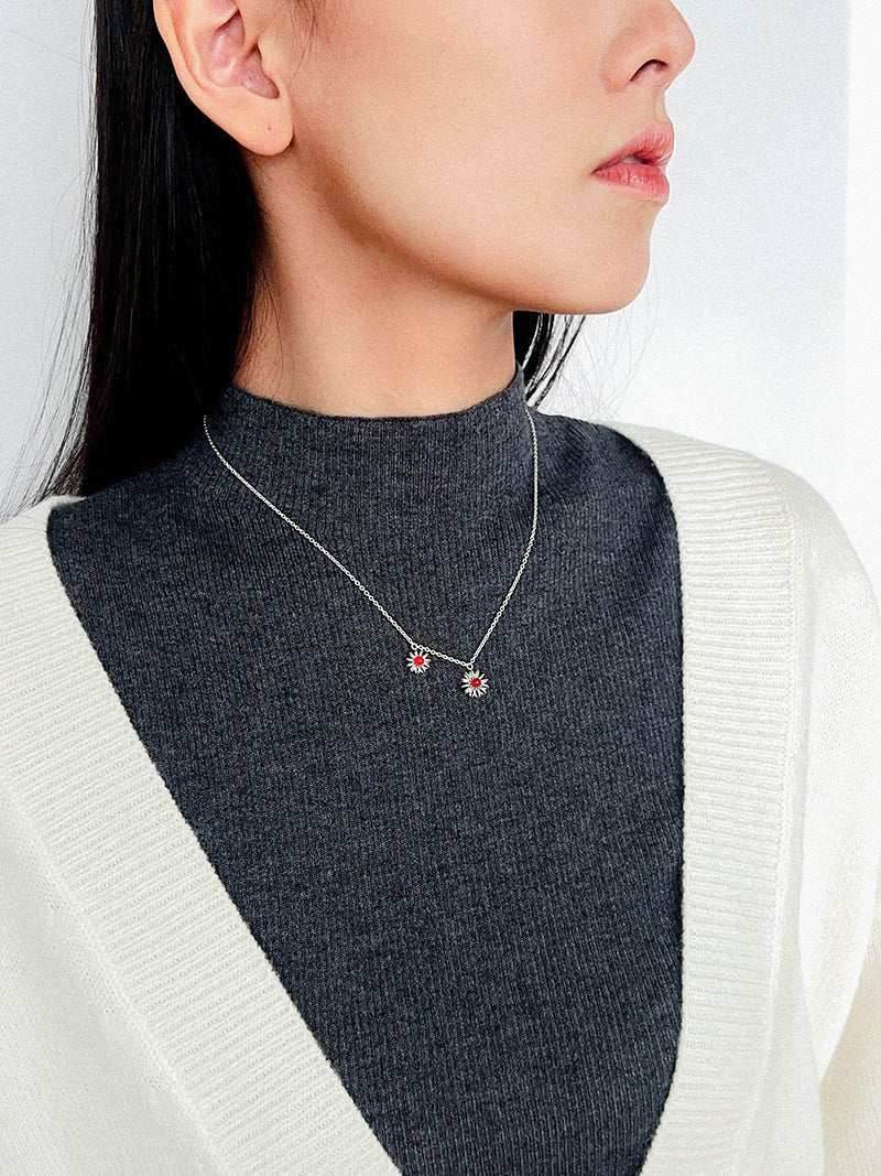 925 Sterling Silver Red Agate Flower Necklace - floysun