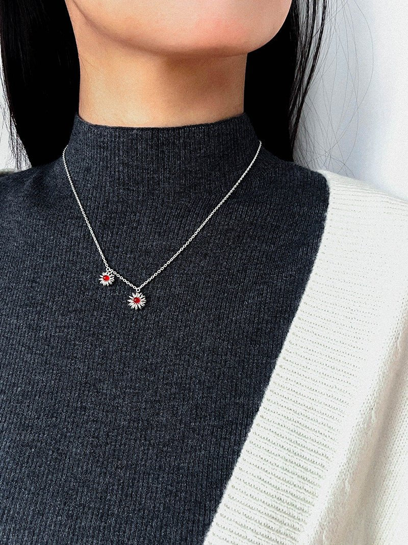 925 Sterling Silver Red Agate Flower Necklace - floysun