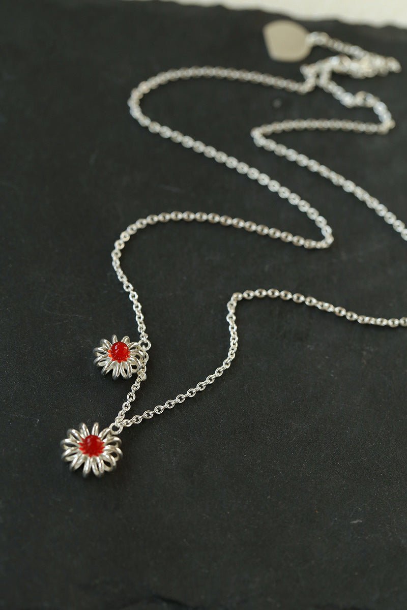 925 Sterling Silver Red Agate Flower Necklace - floysun