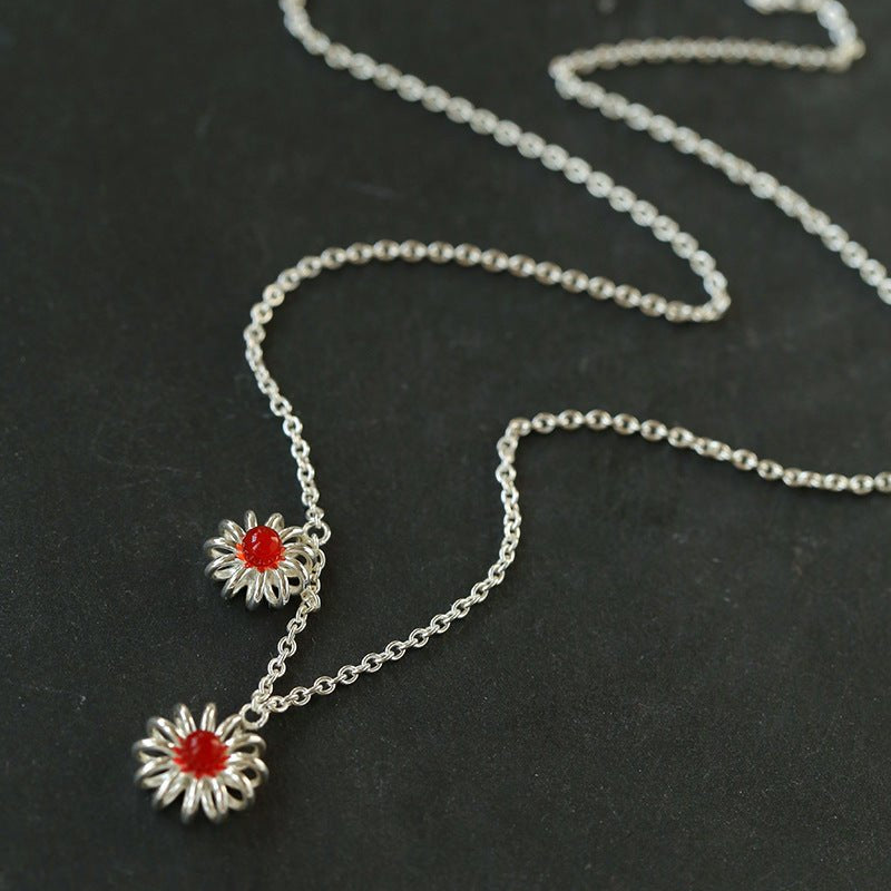 925 Sterling Silver Red Agate Flower Necklace - floysun