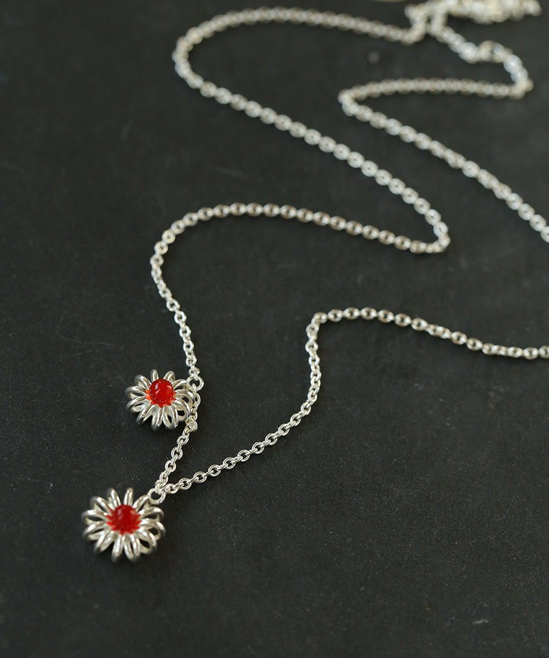 925 Sterling Silver Red Agate Flower Necklace - floysun