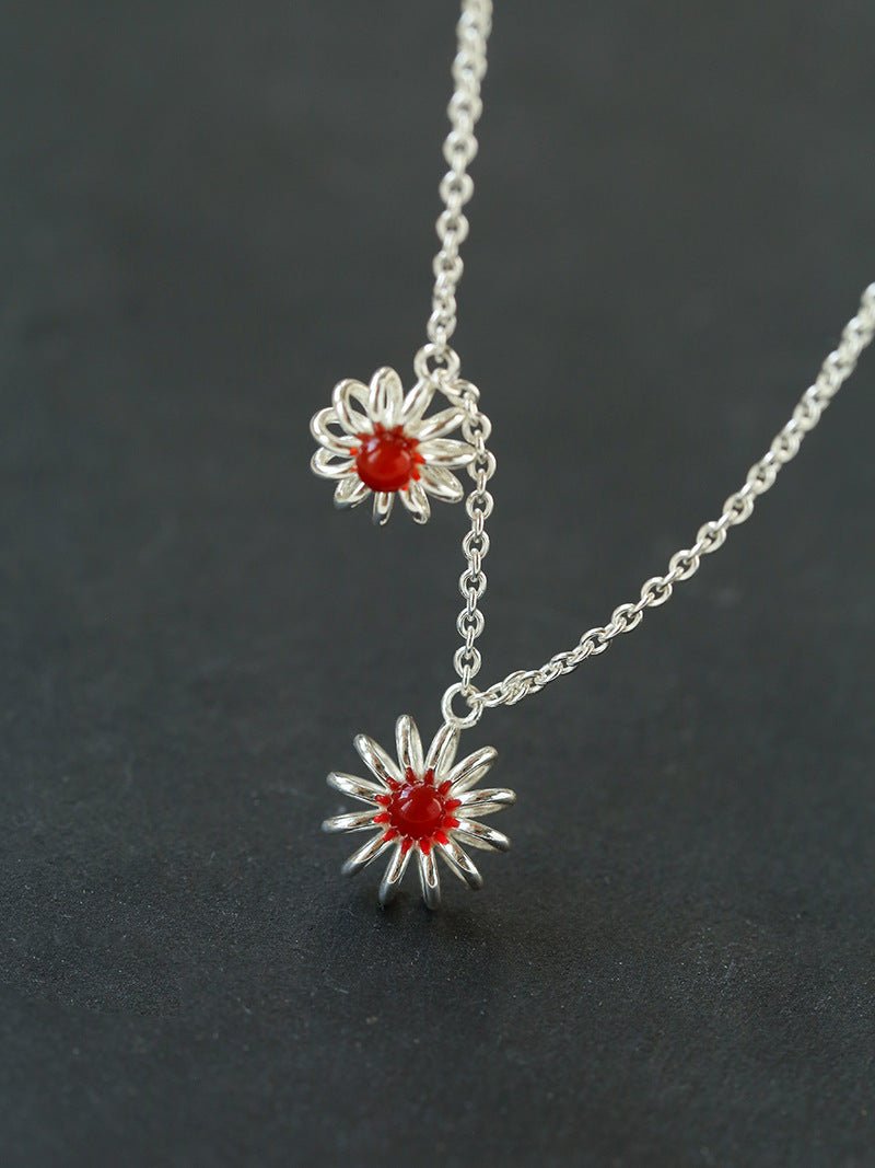 925 Sterling Silver Red Agate Flower Necklace - floysun