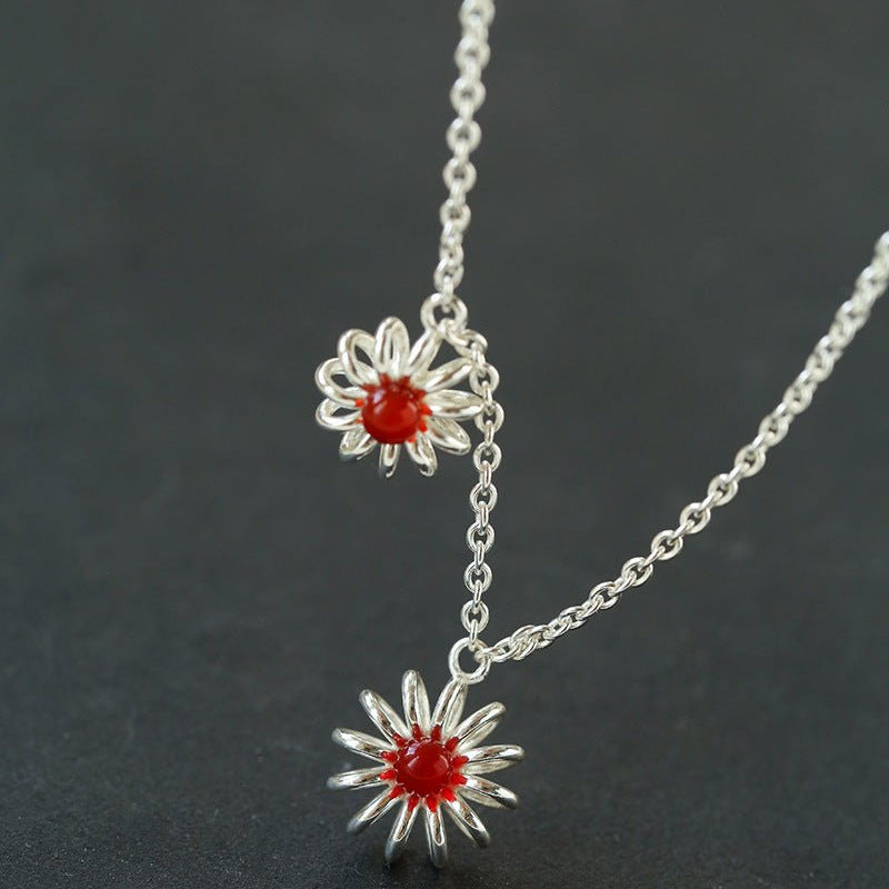 925 Sterling Silver Red Agate Flower Necklace - floysun