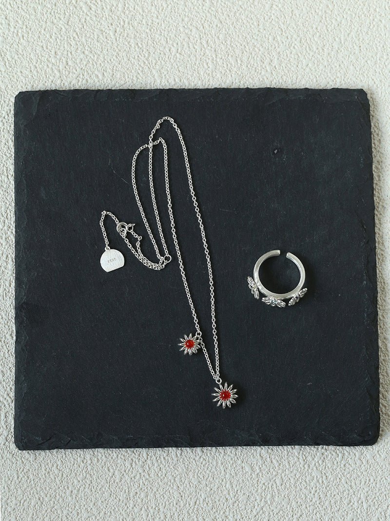 925 Sterling Silver Red Agate Flower Necklace - floysun