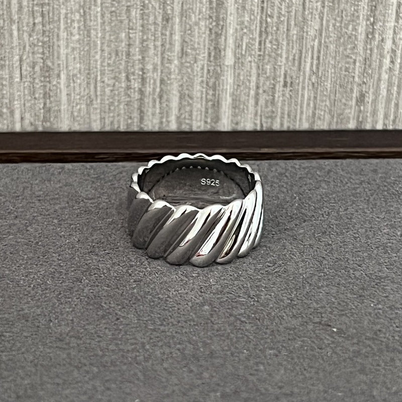 925 Sterling Silver Striped Wide Band Ring Minimalist Statement Jewelry - floysun