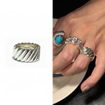 925 Sterling Silver Striped Wide Band Ring Minimalist Statement Jewelry - floysun