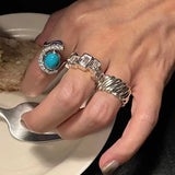 925 Sterling Silver Striped Wide Band Ring Minimalist Statement Jewelry - floysun