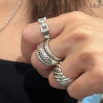 925 Sterling Silver Striped Wide Band Ring Minimalist Statement Jewelry - floysun