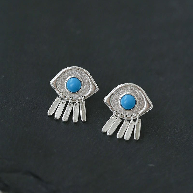 925 Sterling Silver Turquoise Eye Tassel Earrings - floysun