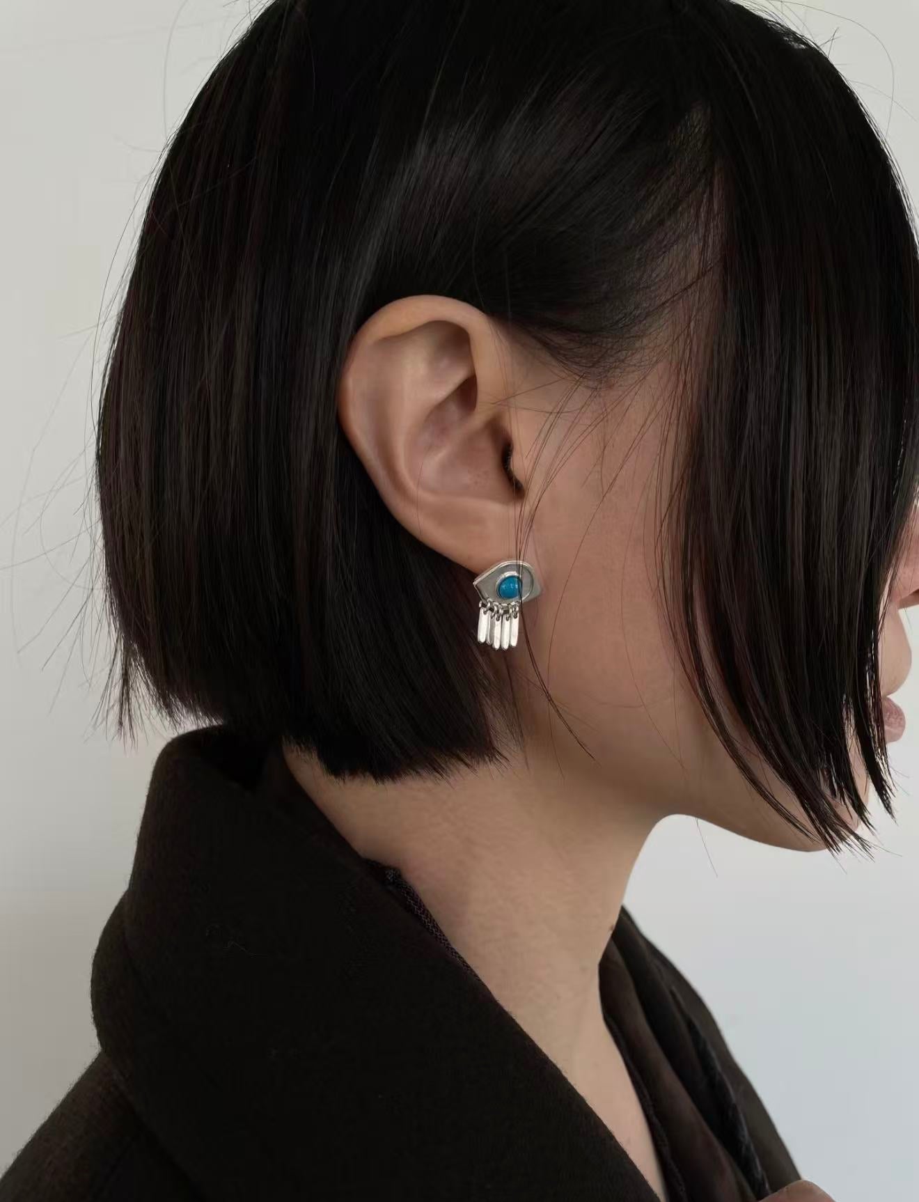 925 Sterling Silver Turquoise Eye Tassel Earrings - floysun