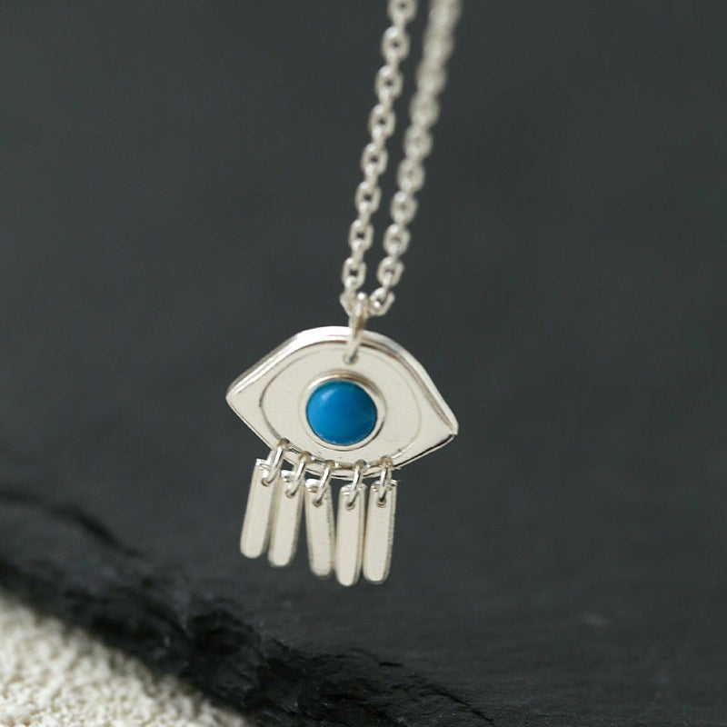 925 Sterling Silver Turquoise Eye Tassel Necklace - floysun
