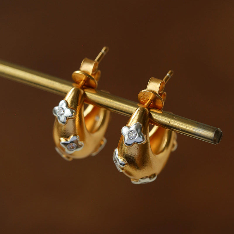 Two-Tone Floral Puffy Crescent Hoop Earrings