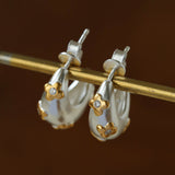 Two-Tone Floral Puffy Crescent Hoop Earrings