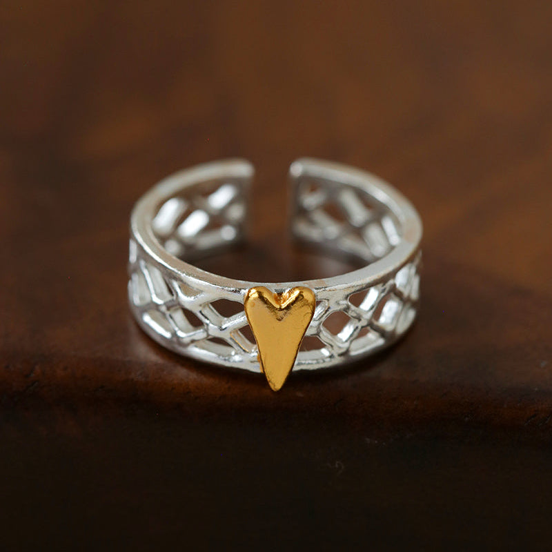 Two-Tone Heart Lattice Slightly Adjustable Open Ring