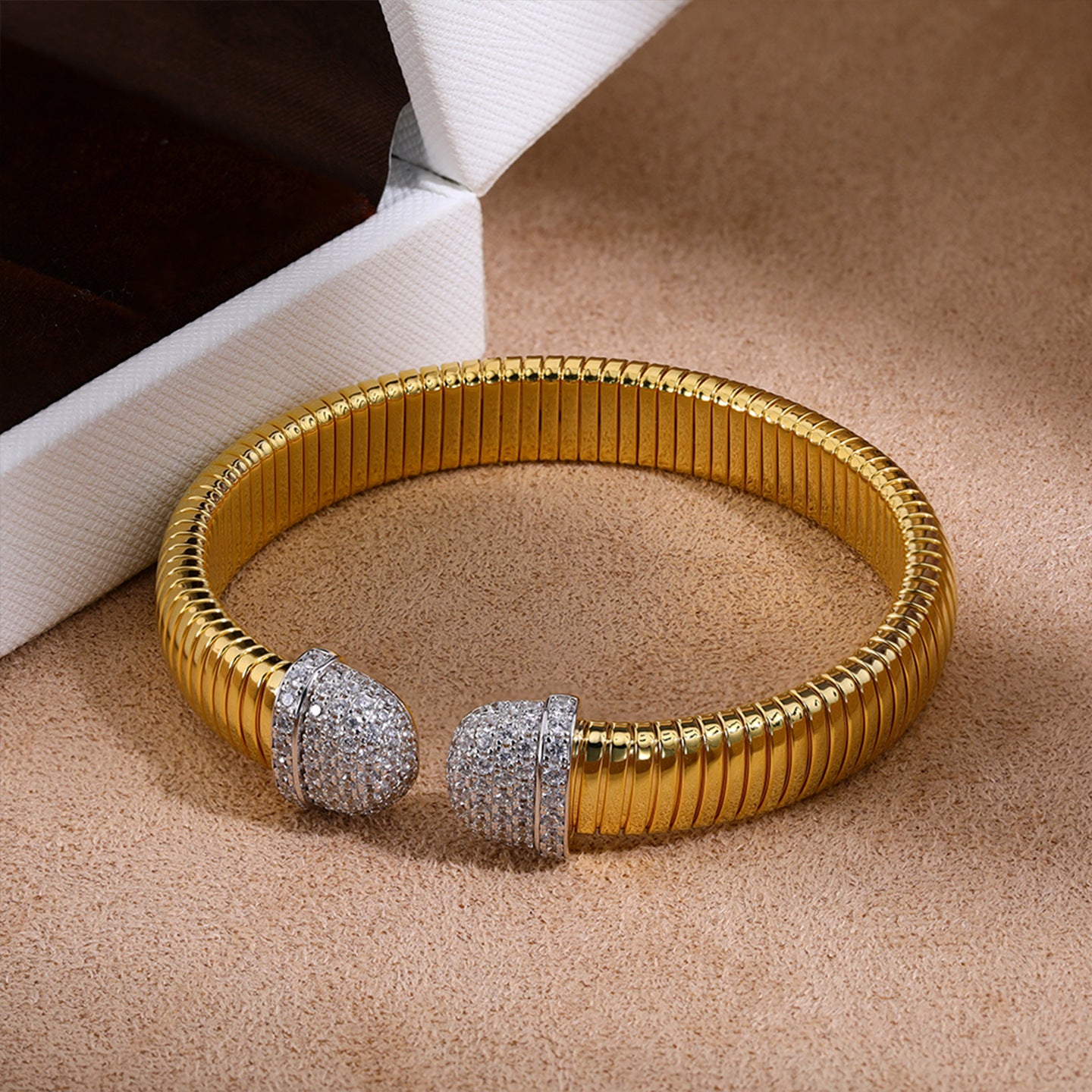 Two-tone pavé round-end open cuff bracelet - front view
