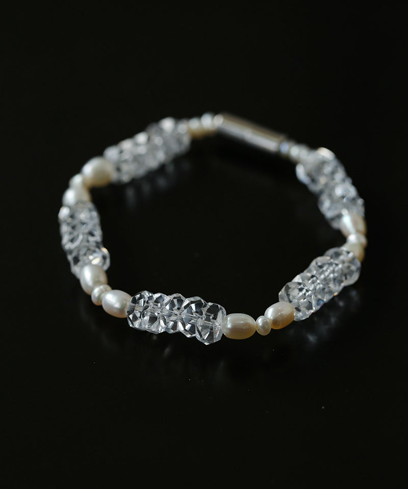 Minimalist Faceted Clear Quartz & Freshwater Pearl Beaded Bracelet