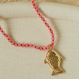 Natural Stone Bead / Plain Metal Chain Gold Fish Pendant Long Necklace