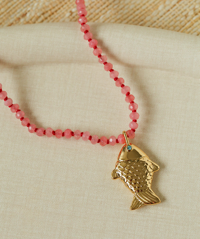 Natural Stone Bead / Plain Metal Chain Gold Fish Pendant Long Necklace
