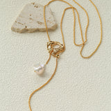 Adjustable Pull Texture Gold Hoop Double Baroque Pearl Y-Lariat Long Necklace