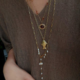 Natural Stone Bead / Plain Metal Chain Gold Fish Pendant Long Necklace