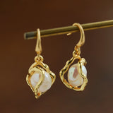 Wrapped Gold Frame Natural Baroque Pearl Drop Earrings