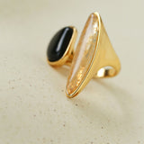 Art Design Rutilated Quartz Black Onyx Open Adjustable Ring
