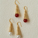 Geometric Cone Pearl & Red Agate Drop Earrings