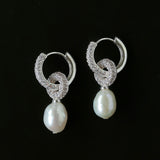 Natural Freshwater Pearl and Cubic Zirconia Interlocking Hoop Earrings
