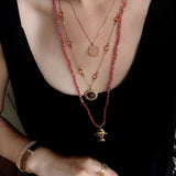 Natural Stone Bead / Plain Metal Chain Gold Fish Pendant Long Necklace