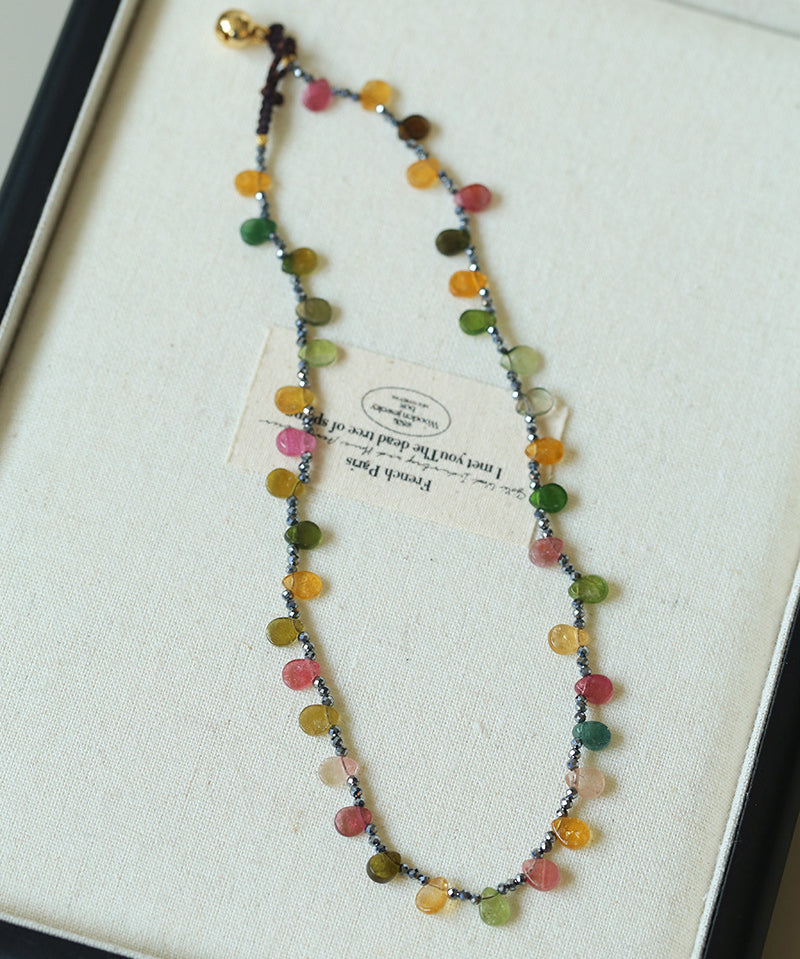 Colorful Waterdrop Tourmaline Woven Necklace Mini Sunstone or Silve Ore Beads