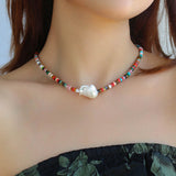 Rainbow Natural Stone Beaded Necklace with Baroque Pearl