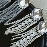 Asymmetric Polished Silver Leaf Long Tassel Earrings