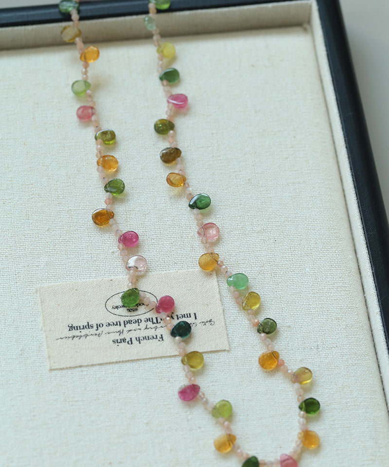 Colorful Waterdrop Tourmaline Woven Necklace Mini Sunstone or Silve Ore Beads