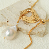 Adjustable Pull Texture Gold Hoop Double Baroque Pearl Y-Lariat Long Necklace
